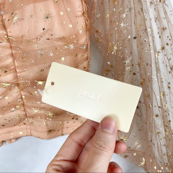 NWT Metallic Celestial Star Print Smocked Semi-Sheer Crop Blouse Top Boho Nude L - Picture 8 of 11